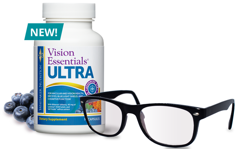 Bottle of Vision Essentials Ultra next to eyeglasses